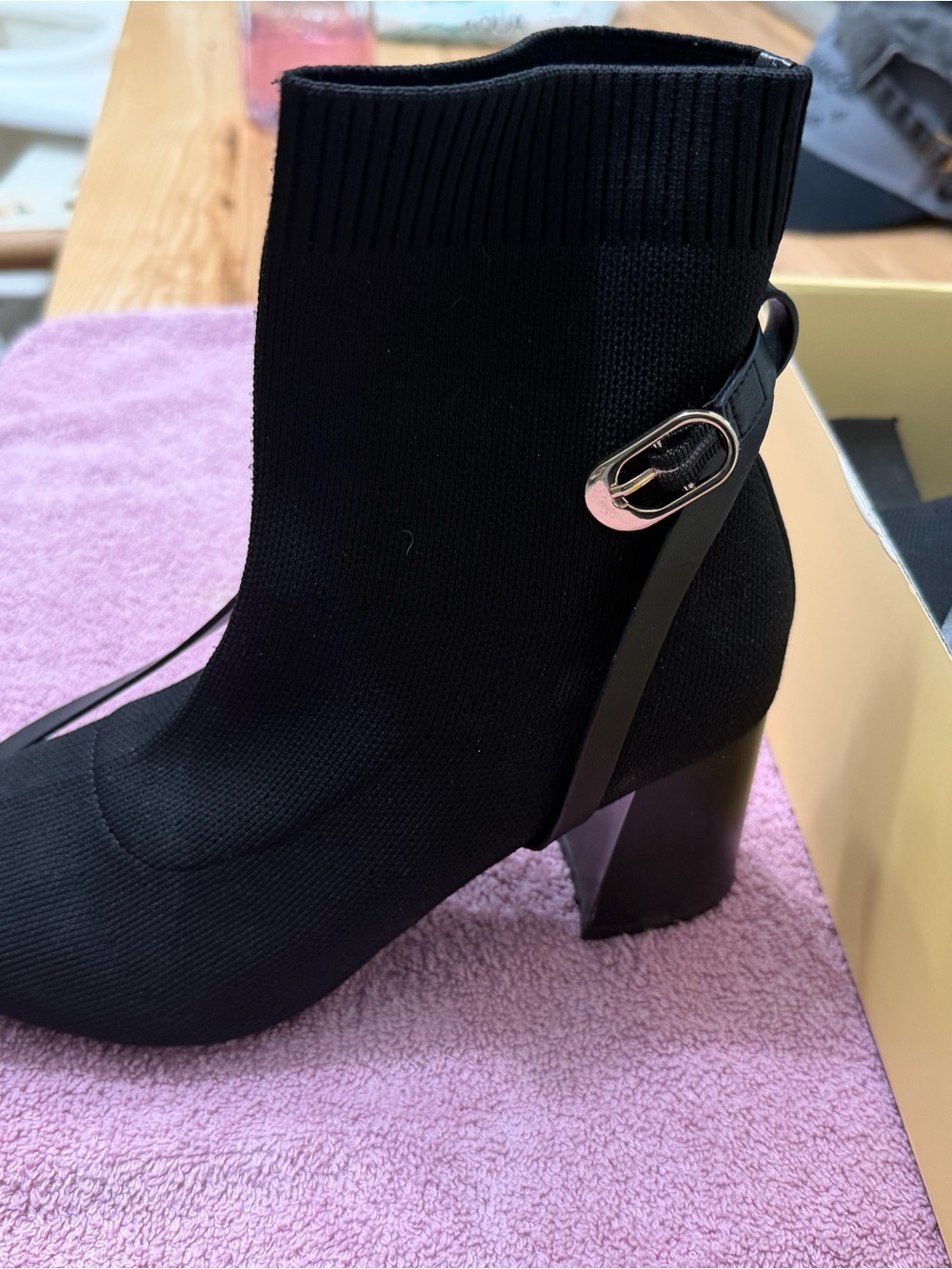 Black Knit Sock Ankle Boot with Buckle Accent